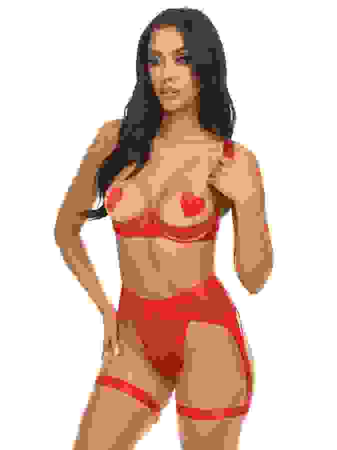 Oh La La Cheri Red Vinyl & Mesh Underwire Heart Bra Set, Red, hi-res